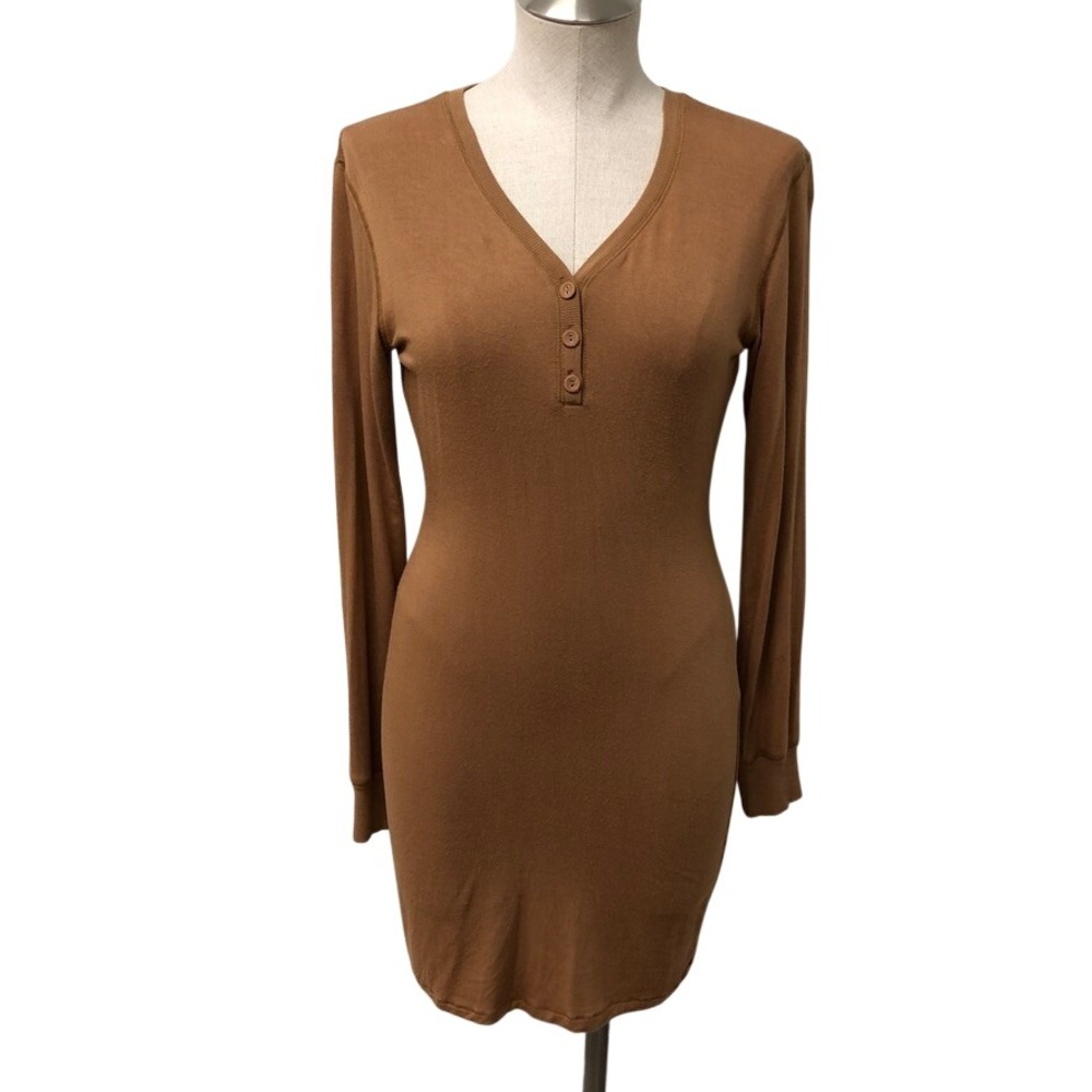 SKIMS Henley Mini Dress Womens Small Brown Long Sleeve Ribbed Bodycon Camel